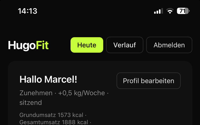 Screenshot der HugoFit Web-App